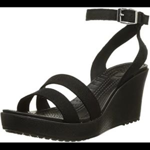 Black Wedge Crocs "Leigh" Ankle Strap Sandals, 9
